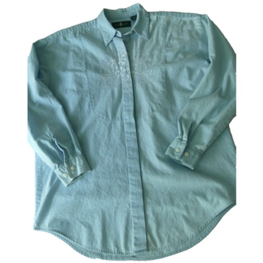 Hunt Club Womens M Cotton Floral Embroidered Button Down Shirt Vtg 80s Chambray
